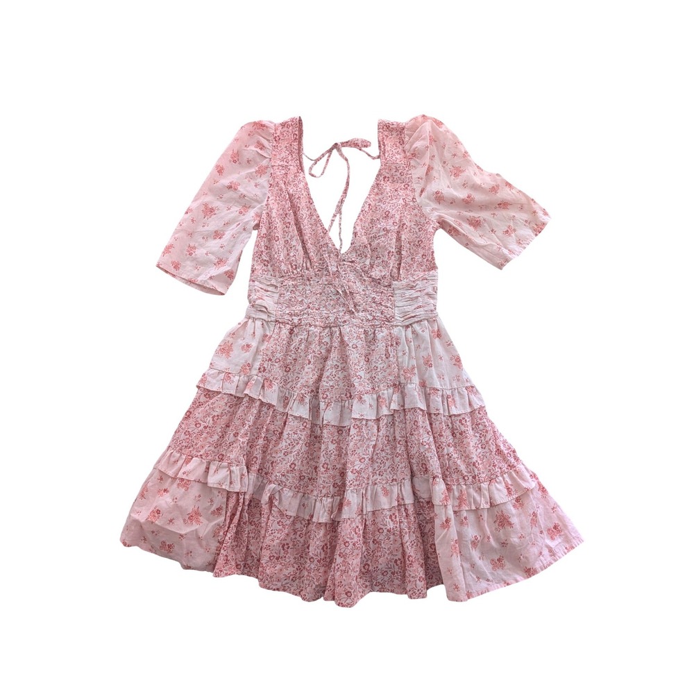 American Eagle Dress M Pink Floral Tiered Mini Smocked Waist Open Tie Back